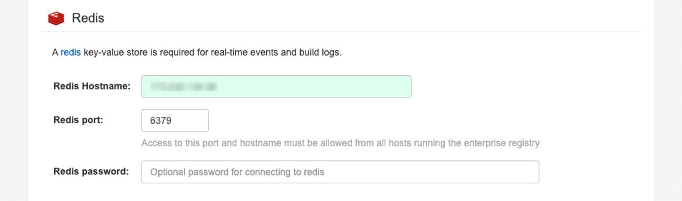 The Redis section of the Project Quay setup screen.